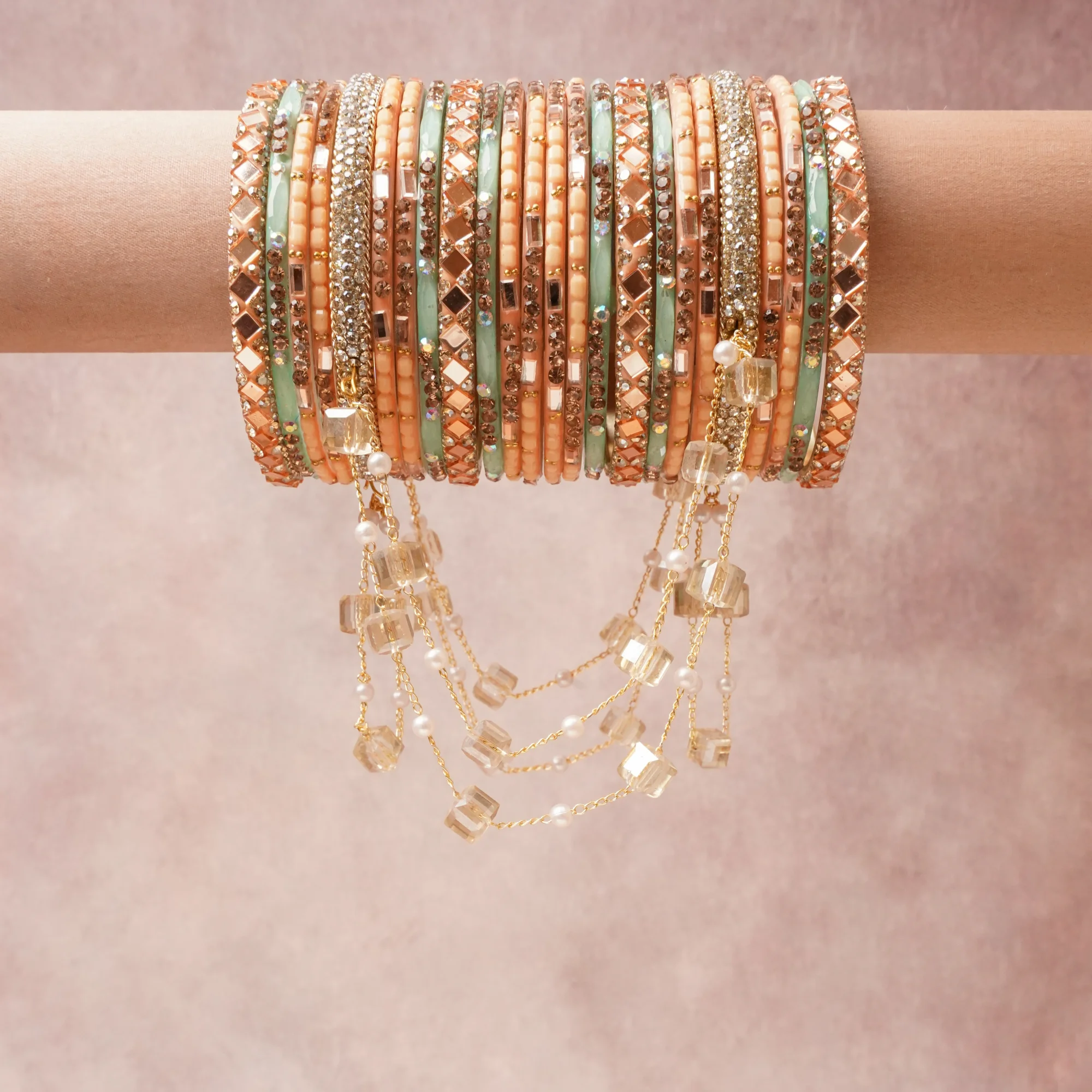 A commanding Pale Peach anchors this beautiful set, enriched with accents of Silver, Champagne, Clear Iridescent that add depth and dimension.

Featuring a striking composition of Resin/Lacquer, Glass Mirrors, Rhinestones, Glass Beads, Simulated Pearls, Gold-toned Metal, this set carries intricate craftsmanship and strong presence. Grand in form, it is created for moments that deserve to be marked.